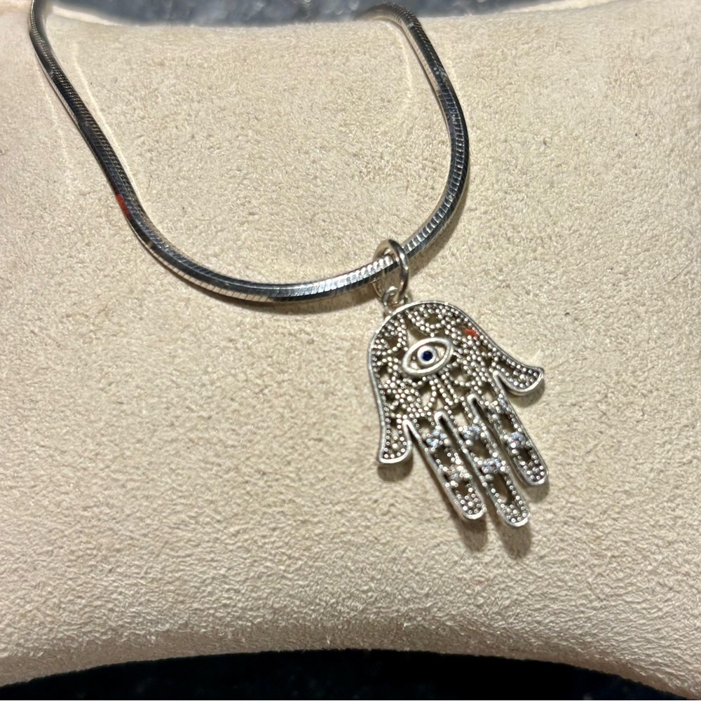 Vintage Hamsa and Black Zebra Sterling Silver Pendant Necklace